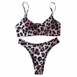 JewelryWe Damen Bikini-Sets Leopardenprint Leopard Push Up Gepolstert Bustier Hohe Taille Bikinislip Badeanzug Bademode, S - 1