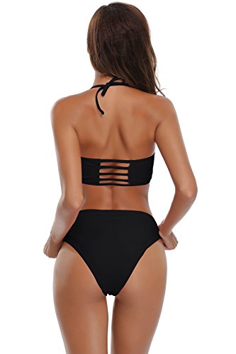 SHEKINI Damen Bandeau Bikini Set Abnehmbar Neckholder Gepolstert Badeanzug Badeanzüge (Medium, Schwarz) - 3