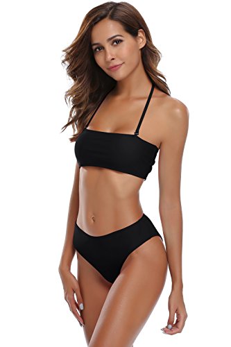 SHEKINI Damen Bandeau Bikini Set Abnehmbar Neckholder Gepolstert Badeanzug Badeanzüge (Medium, Schwarz) - 5