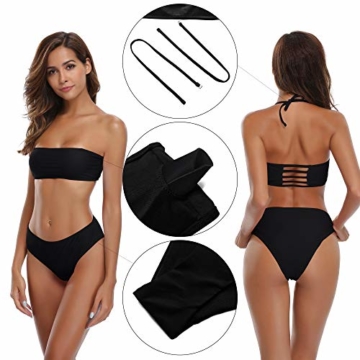 SHEKINI Damen Bandeau Bikini Set Abnehmbar Neckholder Gepolstert Badeanzug Badeanzüge (Medium, Schwarz) - 6