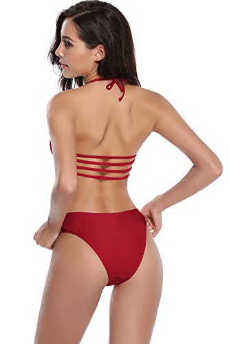 SHEKINI Damen Neckholder Gepolstert Bandage Bikini Raffung Oberteil Push up Bikini Set Bademode Badeanzüge Tankini (Small, Weinrot) - 4