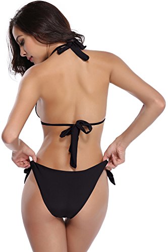 SHEKINI Damen Zweiteiler Neckholder Bikini Push up Rückenfrei Badeanzug Bademode Tankini Set (Medium, Schwarz) - 3