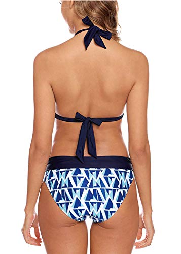 Aidotop Damen Bikini Set Triangel Badeanzug Strand Ties Zweiteiliger Bademode Bikinihose（Blue Geometry,XL - 2