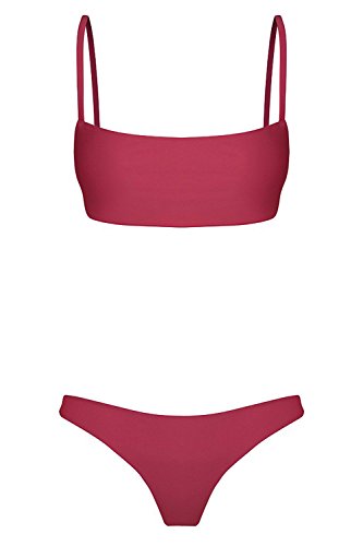 Cassiecy Damen Bikini Set Push Up Gepolstert Bustier Zweiteilig Sommer Sportliches Bademode Strand Bikini(Weinrot,M) - 4