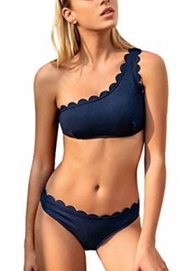 CUPSHE Damen Bikini Set One Shoulder Bandeau Bikinioberteil Wellenkante Strandmode Zweiteiliger Asymmetrischer Badeanzug Blau XL - 1