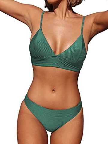CUPSHE Damen Bikini Set Triangel Bikini Bademode Low Rise Brazilian Gerippter Zweiteiliger Badeanzug Swimsuit Grasgrün S - 2