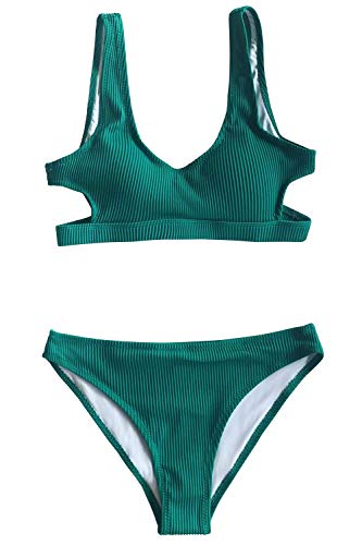 CUPSHE Damen Bikini Set U Ausschnitt Rückenfrei Bandeau Bikini Gerippte Bademode Cut-Out Zweiteiliger Badeanzug Blaugrün S - 2