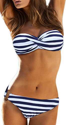EUDOLAH Damen Bandeau Padded Bikini-Set Trägerlosen Badeanzug Push Up (M, A-Blaue Streifen) - 7