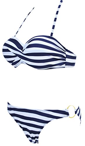 EUDOLAH Damen Bandeau Padded Bikini-Set Trägerlosen Badeanzug Push Up (M, A-Blaue Streifen) - 9