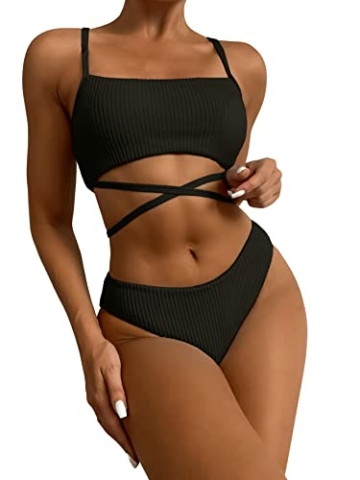 SheIn Damen Bikini Set mit Über Kreuz Bademode Criss-Cross Strandmode Swimsuit Push Up Badeanzug Schwarz S - 1