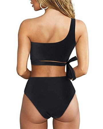 Wantonfy Damen Bikini Sets High Waist Schwimmanzug Zweiteiliger Badeanzug EIN Schulter Bademode Swimsuit - 2