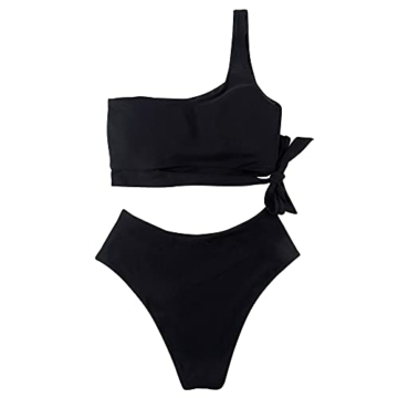 Wantonfy Damen Bikini Sets High Waist Schwimmanzug Zweiteiliger Badeanzug EIN Schulter Bademode Swimsuit - 3