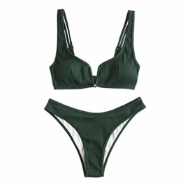 ZAFUL Damen Bikini Set, Zweiteilige Gerippter Bikini-Oberteil mit V-Verkabelung High Cut Bademode Sexy Swimsuit Sommer (Mittleres Waldgrün, M) - 1