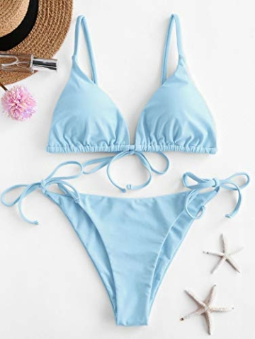 ZAFUL Damen Gepolstert Bikini Set, Einfarbig Bikini Badeanzug mit Dreieck Cup Spaghetti-Träger (Hellblau, M) - 2