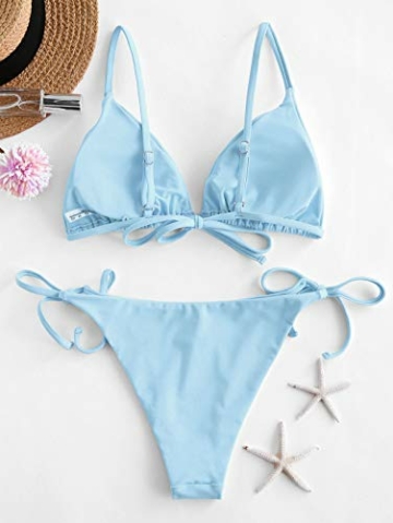 ZAFUL Damen Gepolstert Bikini Set, Einfarbig Bikini Badeanzug mit Dreieck Cup Spaghetti-Träger (Hellblau, M) - 3