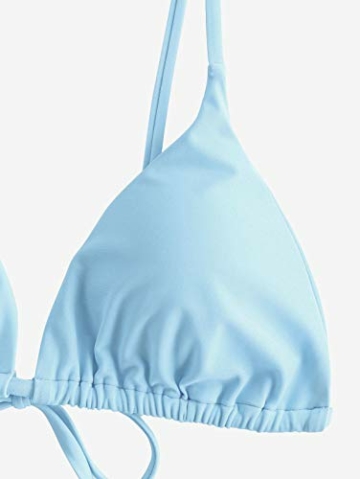 ZAFUL Damen Gepolstert Bikini Set, Einfarbig Bikini Badeanzug mit Dreieck Cup Spaghetti-Träger (Hellblau, M) - 4